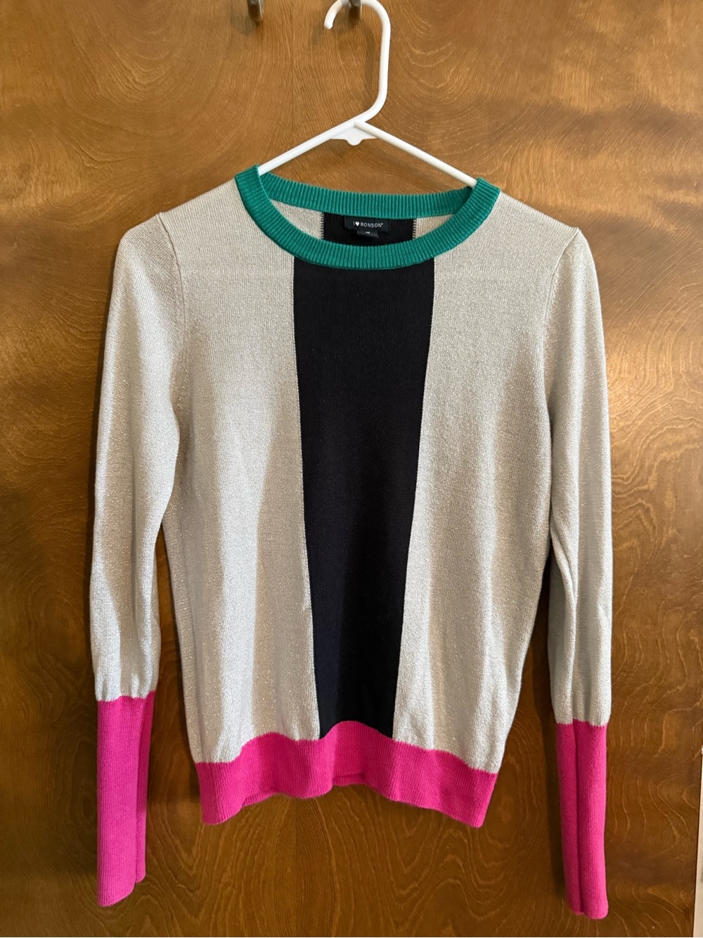 I Heart Ronson Colorblock Crewneck Sweater – Silver, Black, Green & Pink